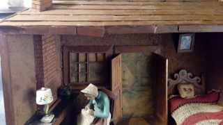 Vintage Folk Wood Hand Carved Shadow Box Diorama Woman Cat Bed Fireplace 4