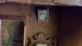 Vintage Folk Wood Hand Carved Shadow Box Diorama Woman Cat Bed Fireplace 6
