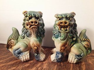 Chinese Ceramic Foo Dog Lion Figurines Incense Burners Decor Set Of 2 Vintage