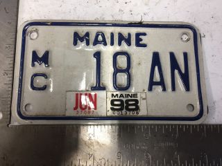 Vintage Antique Motorcycle License Plate 1998 Maine Me 98 18an