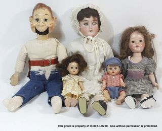 5 Antique Dolls Ideal Howdy Doody,  Ginny Vogue Sleeper Dolls,  Porcelain,  Rubber