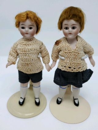 Pair All Antique German Bisque Glass - Eyed Boy & Girl Dolls 3 3/4 "