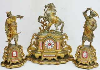 Antique French Silver,  Gold Gilt & Sevres Porcelain Horse Mantel Clock Set