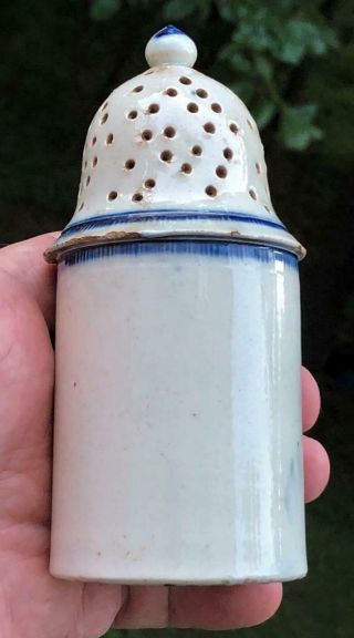 Antique Leeds Type Blue Feather Edge Pearlware Pepper Shaker Or Pot,  C.  1800