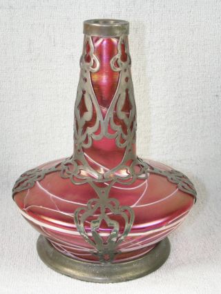 Antique Bohemian Kralik Glass Opalescent Cranberry Silver Mounted Vase - Apollo