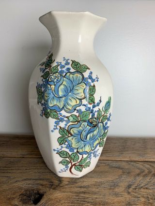 Antique Cash Family Pottery Tn 1945 Hand Painted 13x8” Ceramic Vase Blue Floral