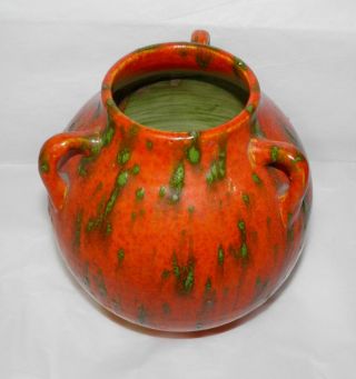 Antique Art Deco Japanese Awaji Pottery Lava Flambe Vase Orange & Green 3 Handle