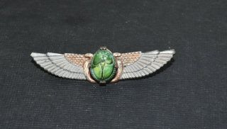 Vtg Antique Egyptian Scarab Pin Painted Metal Glass Scarab Winged Vintage Pin