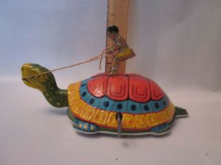 1930 J Chein Tin Litho Wind Up Toy Native Turtle Riding Antique Motorized