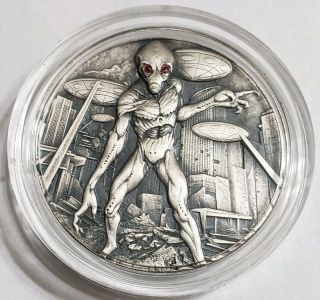 2018 2 Oz Silver Alien Invasion Antique Finish Coin With Swarovski Crystal Eyes.