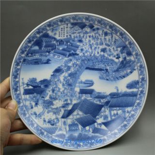 8 " Chinese Blue And White Porcelain Hand - Painting Qingming Shanghe Chart Plate