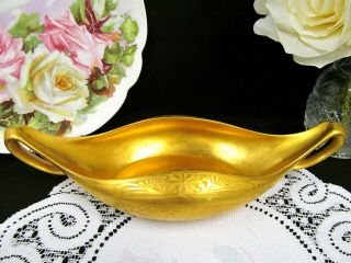 T & V Limoges France All Gold Etched Design Serving Dish With Handles Candy Dish