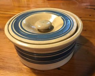 Antique 19th C Blue Banded Yellow Ware Yellowware Stoneware Butter Crock W/lid