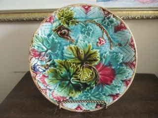 Antique French Majolica Plate Grapes And Leaves Green Red C1800 