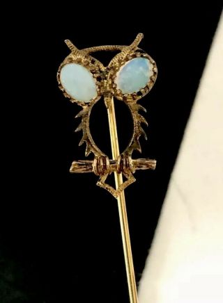 Vintage Owl Stick Pin Antique Gold Tone With Opal Eyes