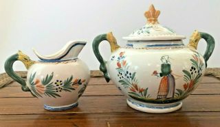 Rare Antique Henriot Quimper China Sugar Bowl And Creamer