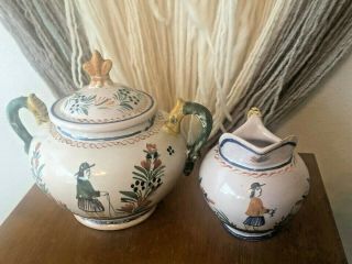 Rare Antique Henriot Quimper China Sugar Bowl and Creamer 8