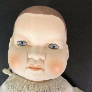 Vintage Baby Doll Porcelain Or Bisque Face Hands Cloth Body Unmarked 13.  5 "