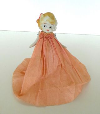 Miniature Bisque Doll 4 " Antique Wire Jointed Arms Crepe Paper Dress Japan
