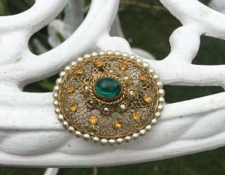 Antique Art Deco Gold Filigree Marcasite Citrine Paste And Seed Pearls Brooch