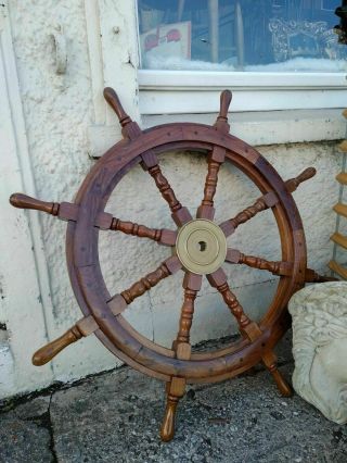 Xl Large Wooden And Brass 36 Inch 8 Spoke Ships Boat Yacht Wheel