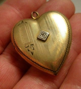 Antique Vintage Etched Gold Filled Diamond Chip Heart Locket Pendant 1 - 1/4 "