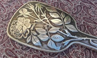 A Pretty Vintage Silver Plated Hand Mirror With Rose Design.