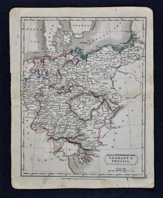C 1840 Sydney Hall Map Germany & Prussia - Berlin Austria Bohemia Bavaria Europe