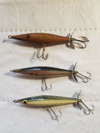 Group Of Three Vintage Porter Spindles Wood Lures Made In Florida.