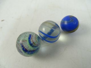 Antique Hand Made German Art Glass Marble Set Blue Onion Skin Metal Flake Old X3