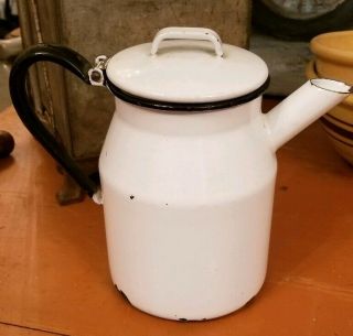Vintage Antique White & Black Enamel Coffee Tea Pot Enamelware Spout