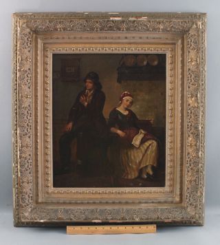 19thc Antique Signed Interior Genre Oil Painting,  Man W/ Pipe & Woman Knitting
