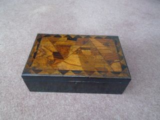 Antique Large Vintage Oriental Wood Inlaid Writing Slope Desk Top Stationery Box