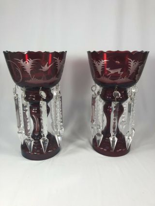 Antique Pair Bohemian Ruby Cut To Clear Mantle Lustre W/ Crystal Prisms - L@@k