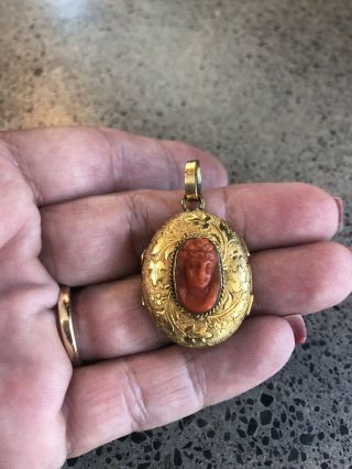 Antique Victorian Yellow Gold Filled Gf Carved Coral Cameo Locket Pendant