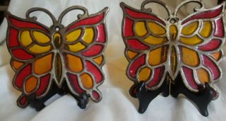 2 VINTAGE Antique stained glass brass butterfly TRIVETS Made in Occupied Japan 2