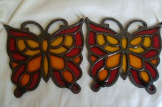 2 VINTAGE Antique stained glass brass butterfly TRIVETS Made in Occupied Japan 3