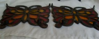 2 VINTAGE Antique stained glass brass butterfly TRIVETS Made in Occupied Japan 4