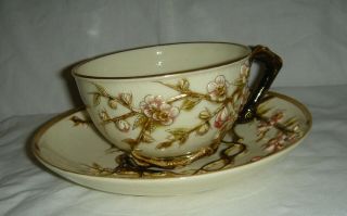 RARE ANTIQUE 19thC ZSOLNAY PEC ' S CUP & SAUCER MOULDED PINK CHERRY BLOSSOM & GOLD 2