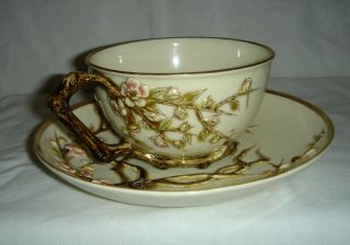 RARE ANTIQUE 19thC ZSOLNAY PEC ' S CUP & SAUCER MOULDED PINK CHERRY BLOSSOM & GOLD 4