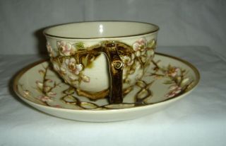 RARE ANTIQUE 19thC ZSOLNAY PEC ' S CUP & SAUCER MOULDED PINK CHERRY BLOSSOM & GOLD 5