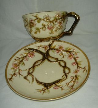 RARE ANTIQUE 19thC ZSOLNAY PEC ' S CUP & SAUCER MOULDED PINK CHERRY BLOSSOM & GOLD 8