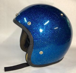 Vintage Blue Metallic Motorcycle Helmet Great Shell And Color 1970’s Chopper Era