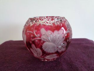 Vintage Bohemian Cut To Clear Crystal Rose Bowl Vase Cranberry Red