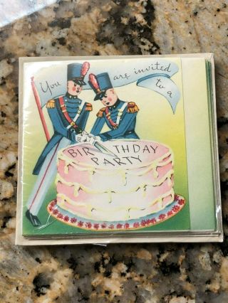 Vintage Birthday Party Invitations 10 & Envelopes Mip Toy Soldiers Pink Cake