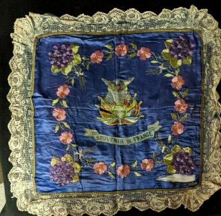 Shabby Chic Antique Royal Blue Embroidered Silk Souvenir De France Pillow Case