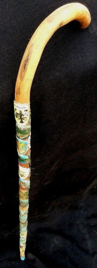 Antique Old Vintage Wooden Walking Stick Cane With Badges Ref.  20184