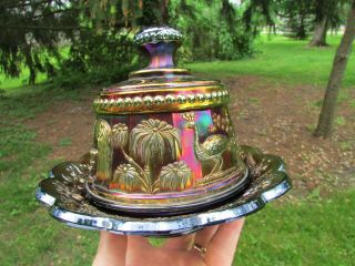 Northwood PEACOCK AT THE FTN ANTIQUE CARNIVAL GLASS COVERED BUTTER DISH PURPLE 2