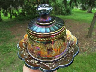 Northwood PEACOCK AT THE FTN ANTIQUE CARNIVAL GLASS COVERED BUTTER DISH PURPLE 7