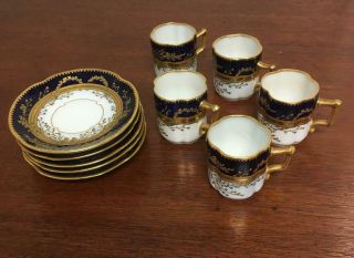 Set Of Five Antique Demitasse Cups And Saucers Cobalt Blue And Gold
